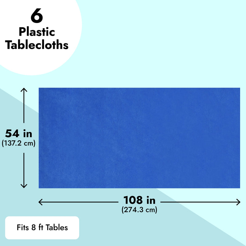 6 Pack Plastic Royal Blue Tablecloth for Parties, Rectangular Table Decorations, 54 x 108 Inches, Disposable Table Cover for Birthday, Graduation Party Supplies