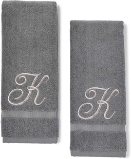 2 Pack Letter K Monogrammed Hand Towels, Gray Cotton Hand Towels with Silver Embroidered Initial K for Wedding Gift, Bridal Shower, Baby Shower, Anniversary (16 x 30 Inches)