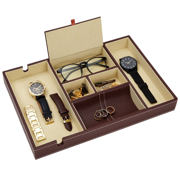 Leather Valet Catchall Tray for Men with 6 Compartments - Bedside Nightstand Organizer for Phones (Brown)