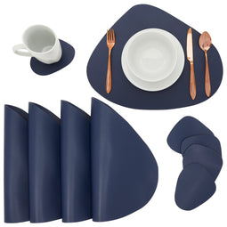 Faux Leather Placemats Set of 4, Table Mats with 4 Wedge Coasters for Kitchen Dinning Tables (Navy Blue, 8 Pieces)