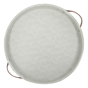 Faux Leather Round Serving Tray with Handles for Coffee Table and Ottoman (Cloudy White, 14.5 x 2 In)