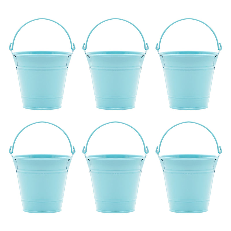 6 Pack Blue Mini Galvanized Buckets with Handles for Party Favors, Wedding Decorations, Easter Centerpieces (3.5 x 3 In)