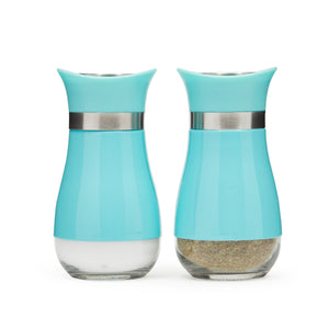 Stainless Steel Teal Salt and Pepper Shakers Set with Glass Bottom, Screw-Off Caps, Perforated "S" and "P" Designs for Kitchen (4oz)