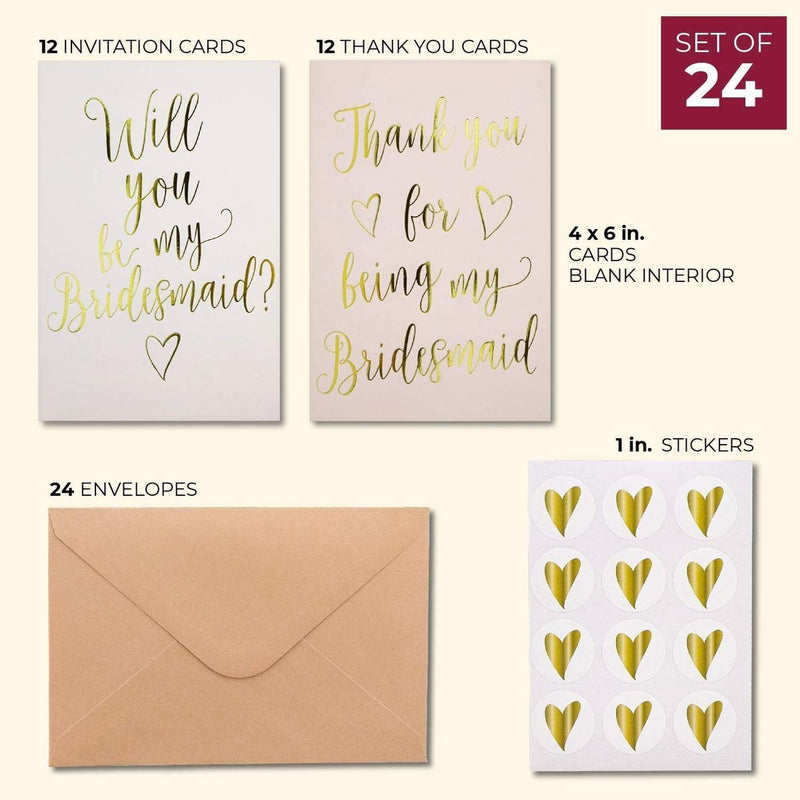 Bridesmaid Proposal and Thank You Cards with Envelopes, Stickers (4x6, 24 Pack)